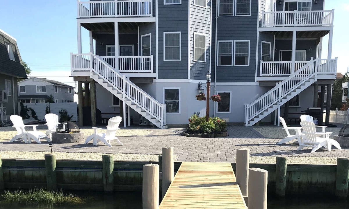 Peahala Park House | Bayfront with dock, waters edge fire pit, Beach Haven Park, Long Beach Island.