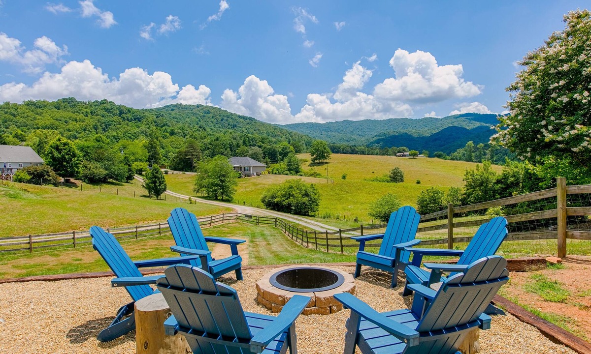 Weaverville House | Blue Ridge farmhouse with amazing mountain view, hot tub, firepit & decks
