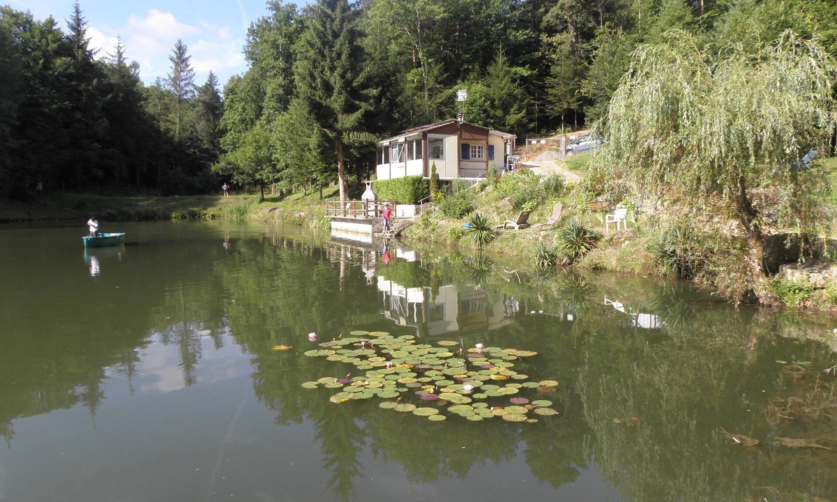 Augignac Ski Chalet | Chalet overlooking a pond in a green setting.