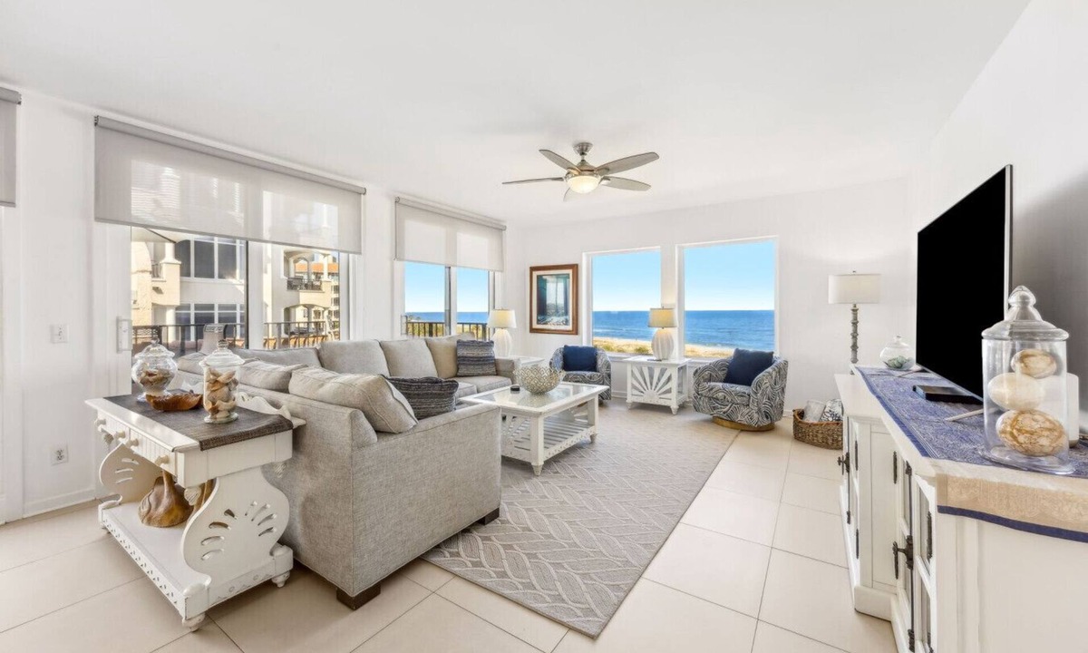Fernandina Beach Condo | Designer aesthetic with calming sea-foam palette.
