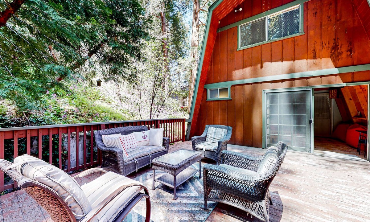 Crestline House | Dog-friendly 2-story home with large deck, tree views, fireplace, & W/D