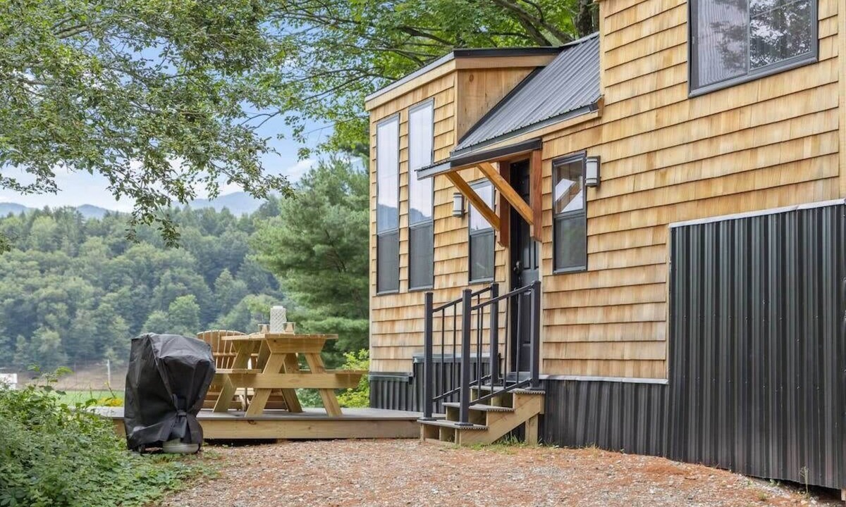 Johnson House | Haven Tiny House near Stowe with Hot Tub, Sauna, River & Mountain Views