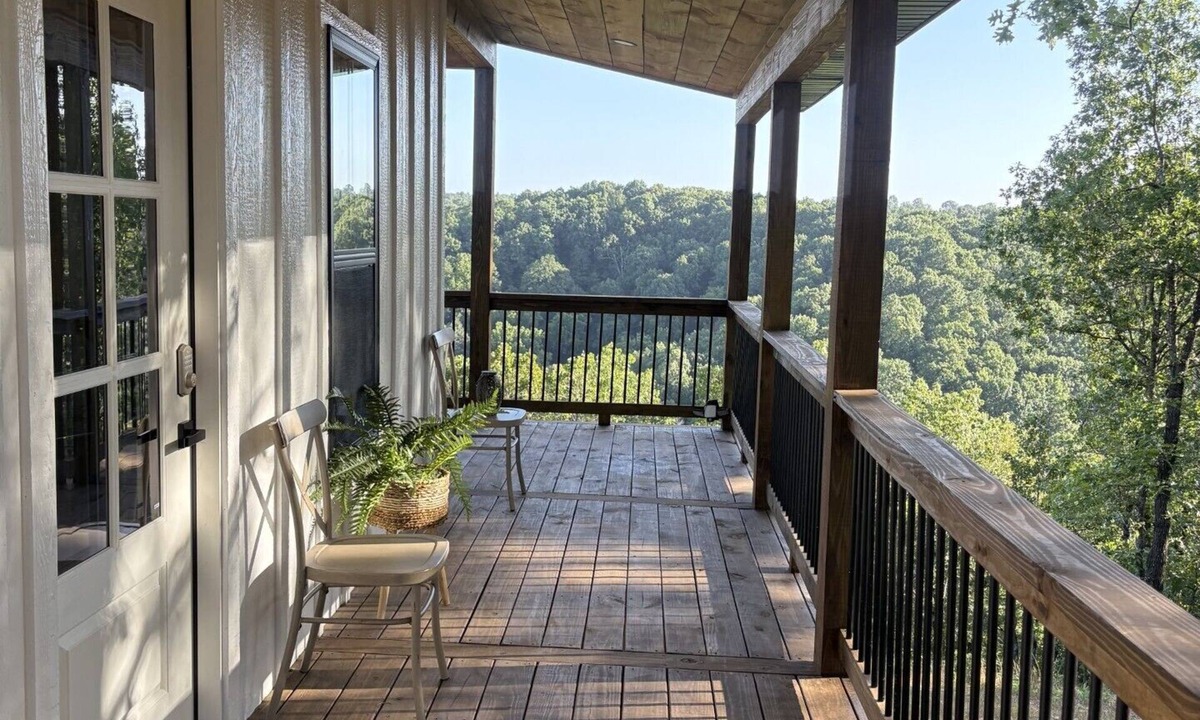 Harrison Cabin | Hilltop Forest View with Large Windows, Covered Deck, & Private Hot Tub for Two!