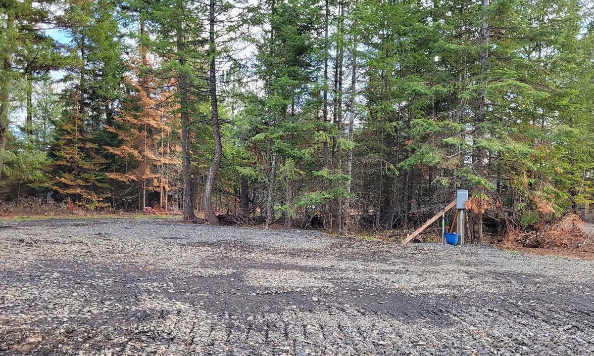 Harvard RV Rental | Large RV site with full hookups, surrounded by trees and nature.