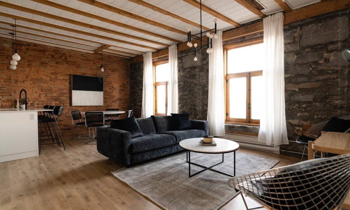 Old Montreal Apartment | Maison Place Royale Luxury Waterfront One-Bedroom Apartment Old Montreal Water View St. Lawrence River Full Kitchen Stone Walls Wi-Fi AC