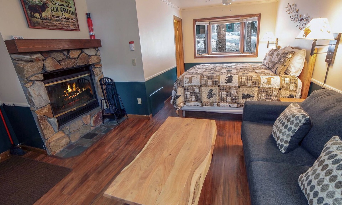 Estes Park Apartment | Studio with K Bed & Wood Burning Fireplace