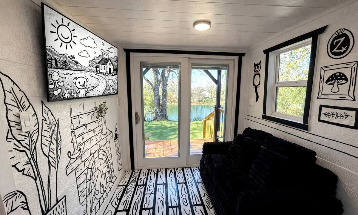 Paige House | Whimsical Lakefront Tiny Home with Hand-Drawn Doodle Design Near Bastrop, Texas