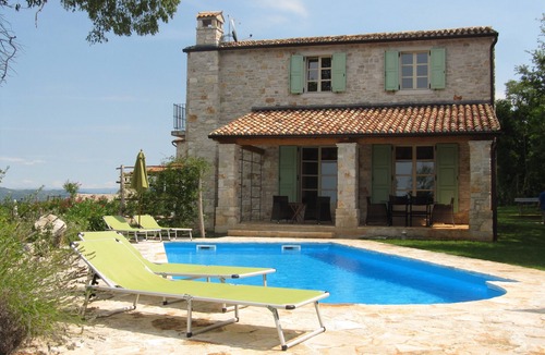 Vizinada Villa | (4. 9/5) Pool and sea view from the balcony: Beautiful new Istrian stone villa