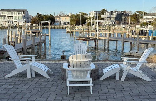 Peahala Park House | Bayfront with dock, waters edge fire pit, Beach Haven Park, Long Beach Island.