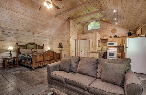 Tellico Plains Cabin | Bear cabin. This modern log cabin with HOT TUB is a large studio with a spectacular king size bed!
