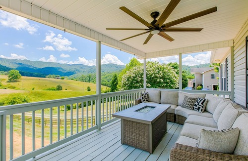 Weaverville House | Blue Ridge farmhouse with amazing mountain view, hot tub, firepit & decks