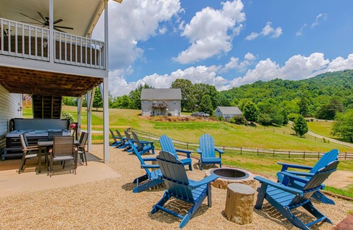 Weaverville House | Blue Ridge farmhouse with amazing mountain view, hot tub, firepit & decks