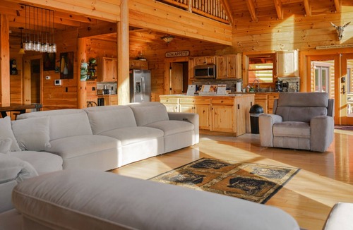 Dobson Cabin | Blue Ridge Mountain View Huge Log Cabin sleeps 18. Outdoor living & Game Room