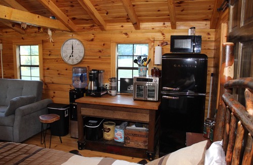 Kerr Apartment | Charming one-room cabin 12 acre retreat private bath, kitchenette & log gazebo.