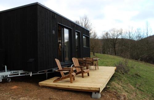 Ausseing Cabin | Courneillac - Parcel Tiny House - Tiny house vue Pyrénées entourée par les chèvres MAE-5233