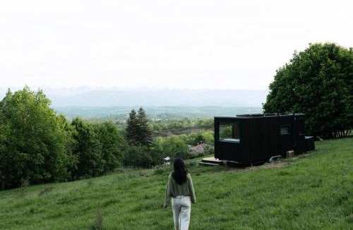Ausseing Cabin | Courneillac - Parcel Tiny House - Tiny house vue Pyrénées entourée par les chèvres MAE-5233