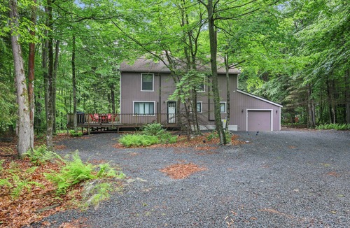 Pocono Lake House | Cozy wooden retreat with gameroom and outdoor firepit