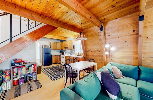 Crestline House | Dog-friendly 2-story home with large deck, tree views, fireplace, & W/D