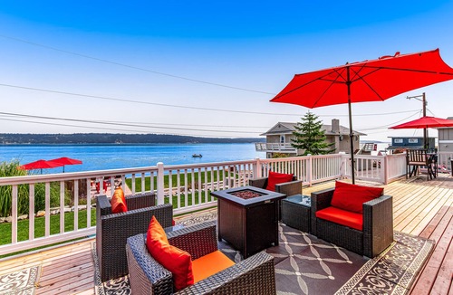 Camano Island House | Dog-friendly home with a great deck, ocean view & firepit on beachfront lawn
