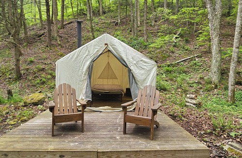 Delancey RV Rental | Family and pet friendly campsite.nCamp by a brook in a serene mountain setting