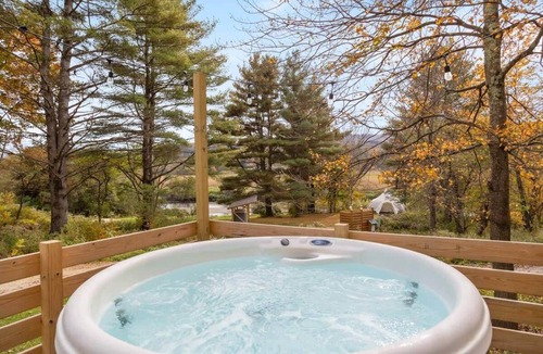 Johnson House | Haven Tiny House near Stowe with Hot Tub, Sauna, River & Mountain Views