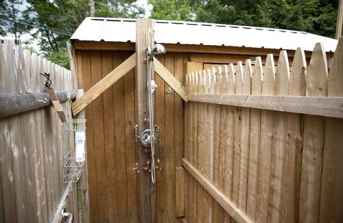 Bath House | Incredible Modern Tiny Log Cabin near the Ammonoosuc River for a Romantic Getaway in New Hampshire