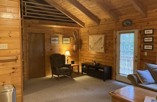 Chester Shores Cabin | Loon Lake Log Cabin with canoe and kayaks, fire pit, and game room!