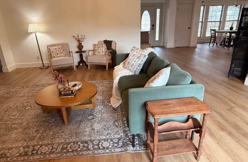 Brookline Station House | Luxury Farmhouse Retreat with Hot Tub and Private River Access
