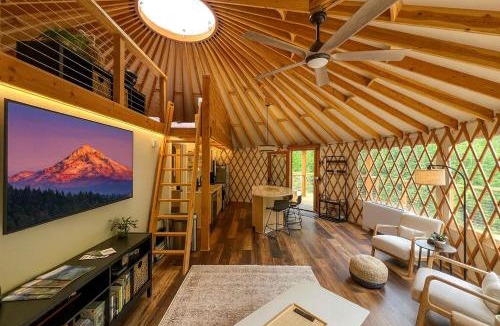 Carson House | Modern Forest Yurt with Firepit & Skylit Dome near Carson, Washington