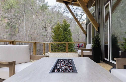 Talking Rock House | Modern Riverfront Cabin Hot Tub Deck Views