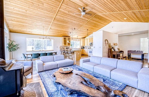 Soda Springs House | Outdoorsy waterfront home with skiing, full kitchen, foosball, & W/D