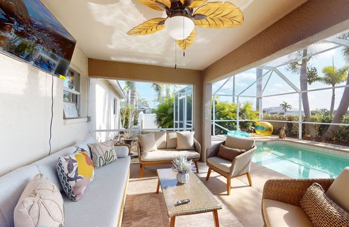 Diplomat House | Palm-lined dog-friendly home with plunge pool, covered patio, grill, W/D, & AC