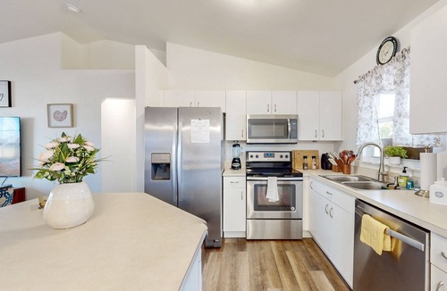 Diplomat House | Palm-lined dog-friendly home with plunge pool, covered patio, grill, W/D, & AC