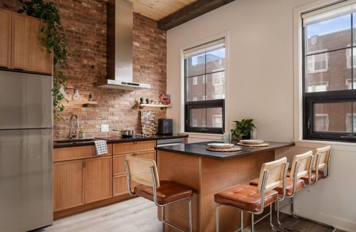 Irving Park Apartment | Pine Beam Sloth Apartment next to Blue Line