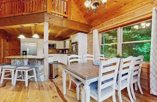 Bryson City Cabin | Private log house on 63 acres, riverfront, fireplace, pool table, gameroom, AC