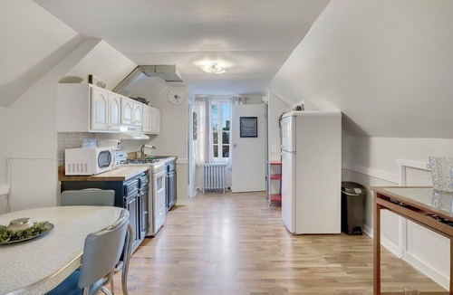 Palatine Apartment | Retro Apt-Downtown Palatine-Big Sofa-King Bed-Private Deck-Laundry-Parking-Train