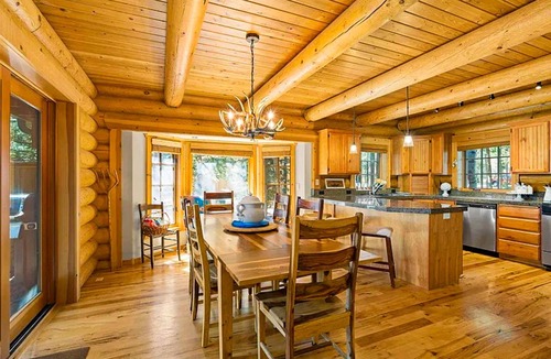 Three Rivers House | Riverfront log cabin style home with full kitchen, deck, washer & dryer and WIFI