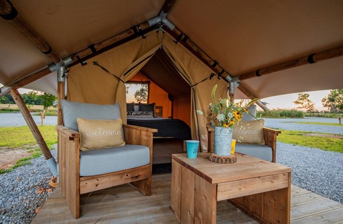 Cassville RV Rental | Riverfront Safari Tent | Firepit Roaring River