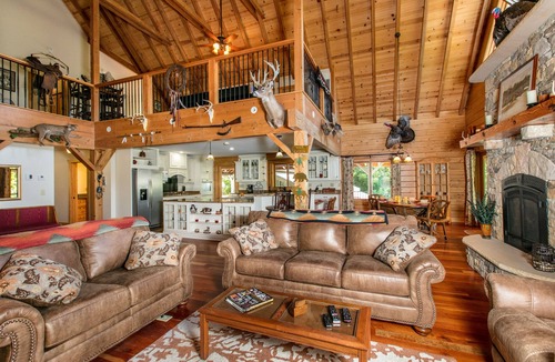 Rutherfordton House | Riverside opulence with game room, private heated pool, hot tub & firepit