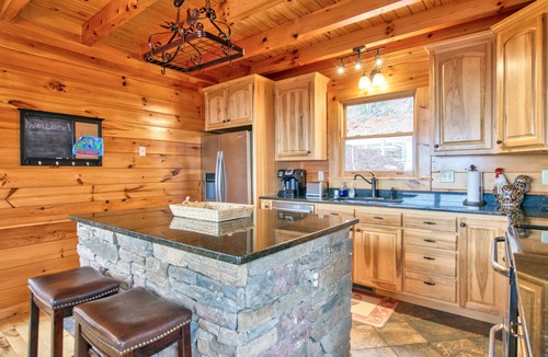 Lake Lure House | Rustic mountain-view home with deck, fire pit, hot tub, fireplace, & game room