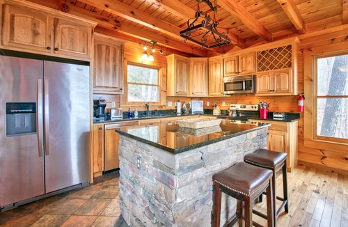 Lake Lure House | Rustic mountain-view home with deck, fire pit, hot tub, fireplace, & game room