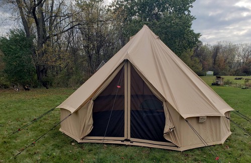 Dale RV Rental | Spacious luxury tent in quiet country setting.