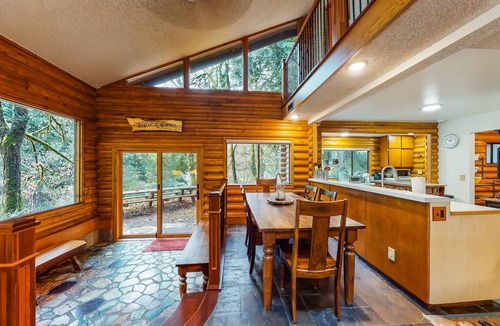 Washougal Cabin | Spacious riverfront lodge with beach access, private hot tub & forest views