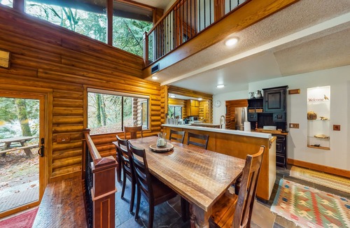 Washougal Cabin | Spacious riverfront lodge with beach access, private hot tub & forest views