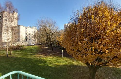 Bourg-l'Eveque Apartment | Terrasse, vue sur jardin arboré et place de parking