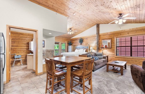 Branson Theater District Cabin | Walk-in Cedar Cabin with Walk-in Shower, Gas Fireplace, & Covered Balcony. Golf/Ticket Discounts