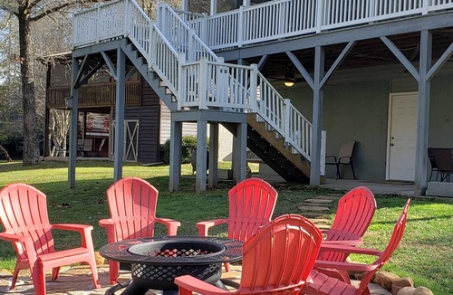Murphy House | Winter in the mountains, fishing by the fire pit. Murphy and the Casino nearby.