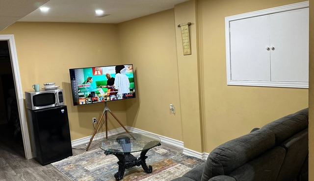 1 bedroom basement suite with spacious living room and laundry, no kitchen.