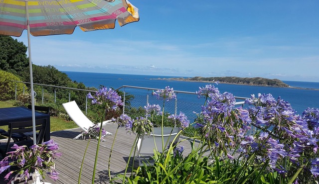 100 % sea view, private garden, beach 5mn away, quiet, housework+draps+towels included