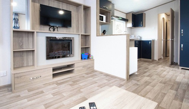 12ft-wide caravan with one double with en suite bathroom and one twin bedroom.